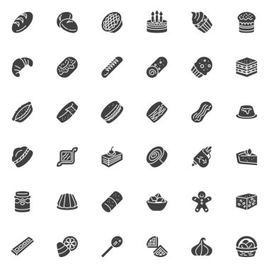 Fırın ve pasta vektör simgeleri seti, modern katı sembol koleksiyonu, doldurulmuş resim paketi. İşaretler, logo illüstrasyonu. Set simgeleri: Fransız Ekmek Ekmeği, Kruvasan, Çörek, Ekmek, Ekmek