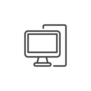 Bilgisayar satırı simgesi. Mobil konsept ve web tasarımı için doğrusal biçim işareti. Bilgisayar kulesi ve ana vektör simgesini izle. Sembol, logo çizimi. Vektör grafikleri