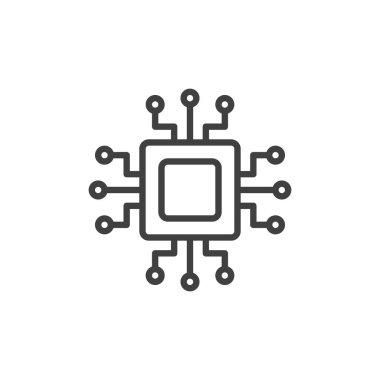 Dijital devre çizgisi simgesi. Mobil konsept ve web tasarımı için bilgisayar çipi doğrusal işareti. Devre çipi bağlantı ana hatları vektör simgesi. Sembol, logo çizimi. Vektör grafikleri