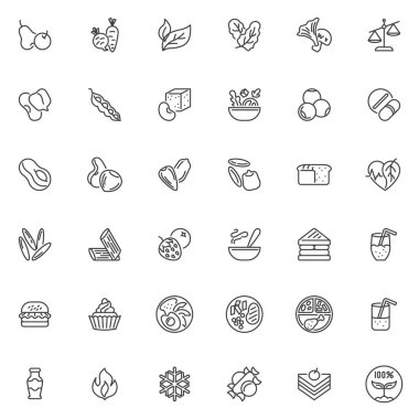 Vejetaryen yemek menüsü ikonları ayarlandı. Doğrusal biçim sembolleri koleksiyonu, ana tabela işaretleri paketi. Sağlıklı vejetaryen gıda vektör grafikleri. Meyve, Sebze, Legumes, Tofu, Avokado olarak simgeleri içerir