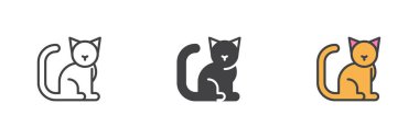 Kedi evcil hayvan stili ikon seti. Çizgi, kabartma ve doldurulmuş renkli versiyon, ana hatlar ve doldurulmuş vektör işareti. Sembol, logo çizimi. Vektör grafikleri
