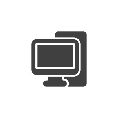 Bilgisayar kulesi ve vektör simgesi. Mobil konsept ve web bilgisayar tasarımı için düz tabela dolduruldu. İşaret simgesi. Sembol, logo çizimi. Vektör grafikleri