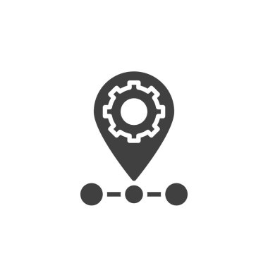 Onarım servisi konum vektör simgesi. Mobil konsept ve web tasarımı için vites dolgulu harita iğnesi. Teknik servis konumu simgesi. Sembol, logo çizimi. Vektör grafikleri