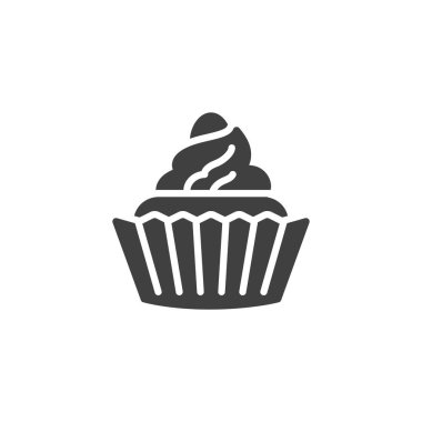 Cupcake krema vektör simgesi. Mobil konsept ve web tasarımı için düz tabela. Krem şanti simgesi olan kek. Tatlı sembolü, logo illüstrasyonu. Vektör grafikleri