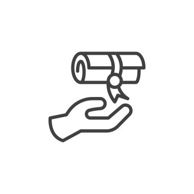 Kalıtım belgesi çizgisi simgesi. Mobil konsept ve web tasarımı için miras sözleşmesi imzası. El ve belge ana hatlı vektör simgesi. Sembol, logo çizimi. Vektör grafikleri