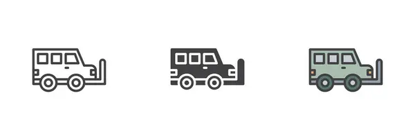 军用卡车不同风格的图标集 字形和填充轮廓色彩斑斓的版本 轮廓和填充向量符号 标识插图 矢量图形 — 图库矢量图片