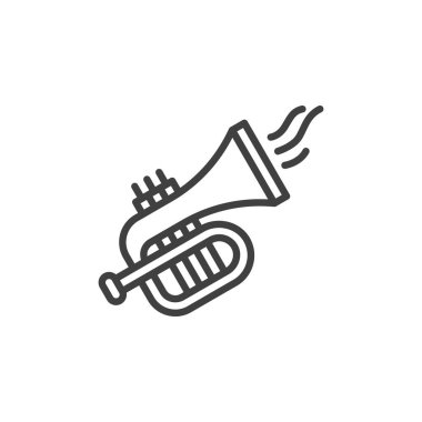 Trompet müzik çizgisi ikonu. Mobil konsept ve web tasarımı için doğrusal biçim işareti. Müzikal trompet ana hatları vektör ikonu. Sembol, logo çizimi. Vektör grafikleri