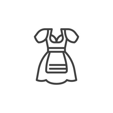 Dirndl, Ekim Festivali kadın kostüm çizgisi ikonu. Mobil konsept ve web tasarımı için doğrusal biçim işareti. Dirndl, geleneksel Bavyera kıyafet taslak ikonu. Sembol, logo çizimi. Vektör grafikleri