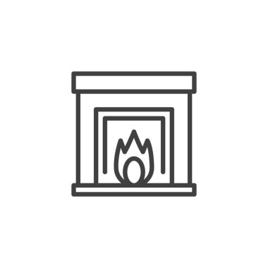 Ateş hattı ikonlu şömine. Mobil konsept ve web tasarımı için doğrusal biçim işareti. Şömine ana hatları vektör simgesi yakılıyor. Sembol, logo çizimi. Vektör grafikleri