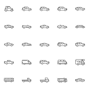 Type of cars line icons set. linear style symbols collection, outline signs pack. Cars and vehicles vector graphics. Set includes icons as dump truck model, sedan, minivan, hatchback, suv, school bus clipart