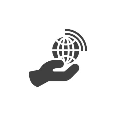 Küresel Etki vektör simgesi. Mobil konsept ve web tasarımı için düz tabela. Küre sembolü olan bir el. Sembol, logo çizimi. Vektör grafikleri