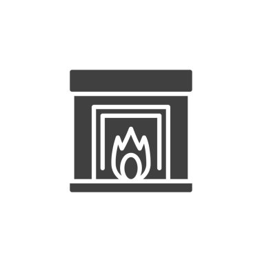 Şömine vektör simgesi yakılıyor. Mobil konsept ve web tasarımı için düz tabela. Alev sembolü olan bir şömine. Sembol, logo çizimi. Vektör grafikleri