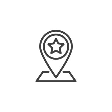 Olay yeri iğne çizgisi simgesi. Mobil konsept ve web tasarımı için doğrusal biçim işareti. Yıldız çizgisi vektör simgesiyle işaretle. Mekan sembolü, logo illüstrasyonu. Vektör grafikleri