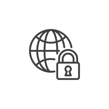 İnternet güvenlik hattı simgesi. Mobil konsept ve web tasarımı için küresel ve lineer stil işareti. Web koruma ana hatları vektör simgesi. Sembol, logo çizimi. Vektör grafikleri