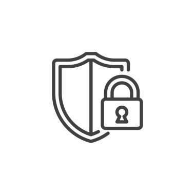 Kilit çizgisi ikonlu kalkan. Mobil konsept ve web tasarımı için doğrusal biçim işareti. Siber güvenlik ana hatları vektör simgesi. Sembol, logo çizimi. Vektör grafikleri