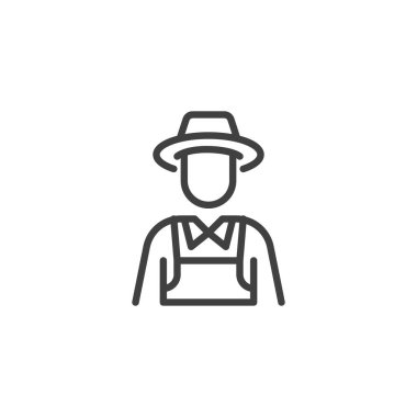 Şapkalı ve önlüklü çiftçi. Mobil konsept ve web tasarımı için doğrusal biçim işareti. Bahçıvan, çiftçi taslak vektör ikonu. Sembol, logo çizimi. Vektör grafikleri