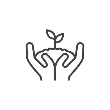 Organik tarım hattı ikonu. Mobil konsept ve web tasarımı için doğrusal biçim işareti. Eller tomurcuklanmış toprağı tutuyor. Sembol, logo çizimi. Vektör grafikleri