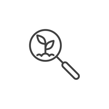 Tarım araştırma hattı ikonu. Mobil konsept ve web tasarımı için doğrusal biçim işareti. Büyüteç ve filiz çizgisi vektör simgesi. Sembol, logo çizimi. Vektör grafikleri