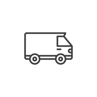 Teslimat minibüsü simgesi. Mobil konsept ve web tasarımı için doğrusal biçim işareti. Teslimat kamyonu taslak vektör simgesi. Hızlı nakliye sembolü, logo çizimi. Vektör grafikleri