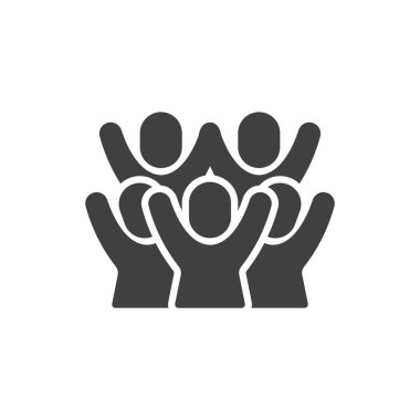 Seyirci vektör simgesi. Kalabalık, mobil konsept ve web tasarımı için düz tabela doldurdu. Kaldırılmış el sembolü olan insanlar. Sembol, logo çizimi. Vektör grafikleri