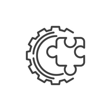 Sorun çözme çizgisi simgesi. Mobil konsept ve web tasarımı için doğrusal biçim işareti. Vites ve yapboz ana hatları vektör simgesi. Sembol, logo çizimi. Vektör grafikleri