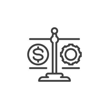 Fizibilite Çalışması çizgi simgesi. Mobil konsept ve web tasarımı için doğrusal biçim işareti. Parayla ölçeklendirir ve çarkın ana hatları vektör simgesi olur. Sembol, logo çizimi. Vektör grafikleri