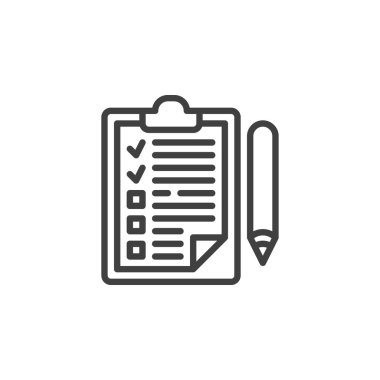 İş gereksinimleri belgesi satır simgesi. Mobil konsept ve web tasarımı için doğrusal biçim işareti. Kontrol listesi ve kalem çizgisi vektör simgesi. Sembol, logo çizimi. Vektör grafikleri
