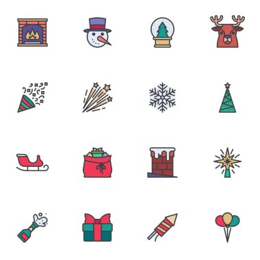 Noel doldurulmuş simgeler seti, çizgi vektör sembolü koleksiyonu, doğrusal renkli piktogram paketi. İşaretler, logo illüstrasyonu kardan adam, kar tanesi, xmas ağacı, havai fişek roketi ve hediye olarak simgeler.