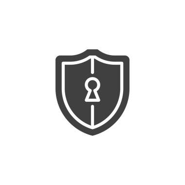 Anahtar deliği vektör simgesiyle kalkan. Mobil konsept ve web tasarımı için düz tabela. Siber güvenlik kalkanı simgesi. Sembol, logo çizimi. Vektör grafikleri