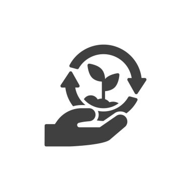 Sürdürülebilir tarım vektör simgesi. El ve oklar mobil konsept ve web tasarımı için düz tabela doldurdu. Sürdürülebilir tarım sembolü. Sembol, logo çizimi. Vektör grafikleri