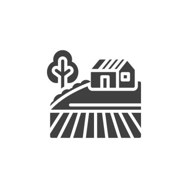 Çiftlik evi ve alan vektör ikonu. Mobil konsept ve web tasarımı için düz tabela. Kırsal çiftlik evi kabartma simgesi. Sembol, logo çizimi. Vektör grafikleri