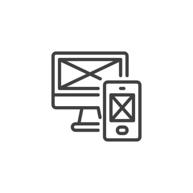 Tepkili web tasarım çizgisi simgesi. Mobil konsept ve web tasarımı için doğrusal biçim işareti. Web sitesi geliştirme ana hatları vektör simgesi. Sembol, logo çizimi. Vektör grafikleri