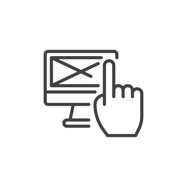 İnsan-Bilgisayar etkileşimi çizgi simgesi. Mobil konsept ve web tasarımı için doğrusal biçim işareti. Elle dokunmak bilgisayar monitörü ana hat vektör simgesi. Sembol, logo çizimi. Vektör grafikleri