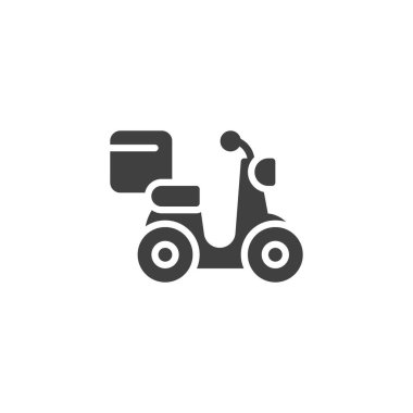 Teslimat kutusu ikonu olan scooter. Mobil konsept ve web tasarımı için düz tabela. Teslimat mobilet sembolü. Sembol, logo çizimi. Vektör grafikleri