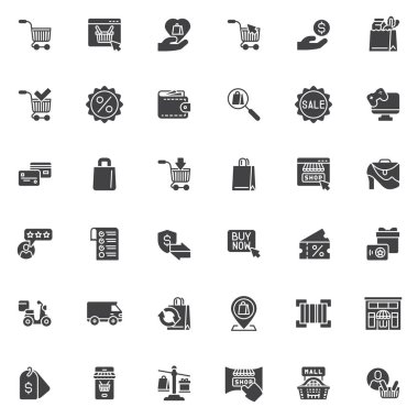 Alışveriş ve ekommerce vektör simgeleri seti, modern katı sembol koleksiyonu, doldurulmuş pictogram paketi. Logo illüstrasyonu işaretleri. Satın alma şimdi promosyon, dağıtım servisi, çevrimiçi ödeme olarak simgeleri içerir