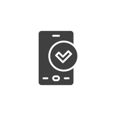 Doğrulanmış cep telefonu vektör simgesi. Mobil konsept ve web tasarımı için düz tabela. Akıllı telefon işareti simgesini kontrol et. Sembol, logo çizimi. Vektör grafikleri
