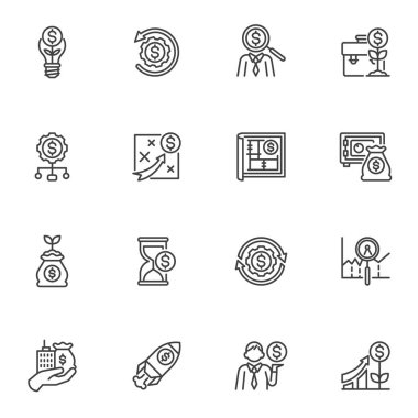 Yatırım bağlantılı çizgi simgeleri seti, ana hatlı vektör sembolü koleksiyonu, doğrusal biçim piktogram paketi. İşaretler, logo illüstrasyonu. Set yatırımcı, ekonomi, zenginlik büyümesi ve iş stratejisi olarak simgeleri içerir