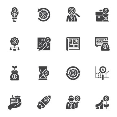 Yatırım bağlantılı vektör simgeleri seti, modern katı sembol koleksiyonu, doldurulmuş biçim piktogram paketi. İşaretler, logo illüstrasyonu. Set yatırımcı, ekonomi, zenginlik büyümesi ve iş stratejisi olarak simgeleri içerir