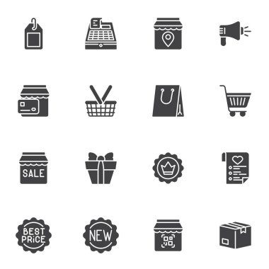 E-ticaret ve çevrimiçi alışveriş vektör simgeleri seti, modern katı sembol koleksiyonu, doldurulmuş biçim piktogram paketi. İşaretler, logo illüstrasyonu. Sette fiyat etiketi, reklam, alışveriş çantası olarak simgeler