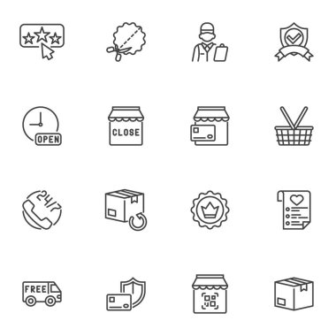 E-ticaret çizgisi simgeleri seti, çevrimiçi alışveriş ana hatları vektör koleksiyonu, lineer stil piktogram paketi. İşaretler, logo illüstrasyonu. Alışveriş sepeti, teslimat, ödeme ve nakliye olarak simgeleri küme
