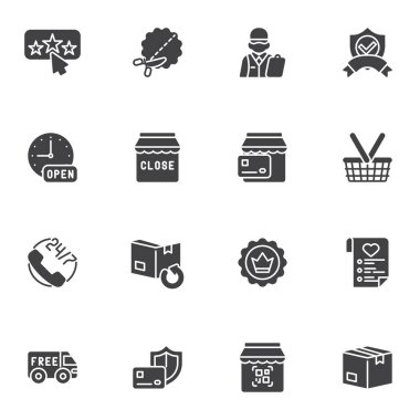 Etrade vektör simgeleri seti, çevrimiçi alışveriş modern katı sembol koleksiyonu, doldurulmuş biçim piktogram paketi. İşaretler, logo illüstrasyonu. Alışveriş sepeti, teslimat, ödeme ve nakliye olarak simgeleri küme