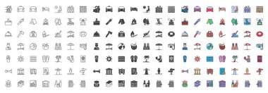 Tur ve seyahat farklı stil simgesi seti. Çizgi, kabartma ve doldurulmuş renkli versiyon, ana hatlar ve doldurulmuş vektör işareti. Turizm sembolü, logo çizimi. Vektör grafikleri