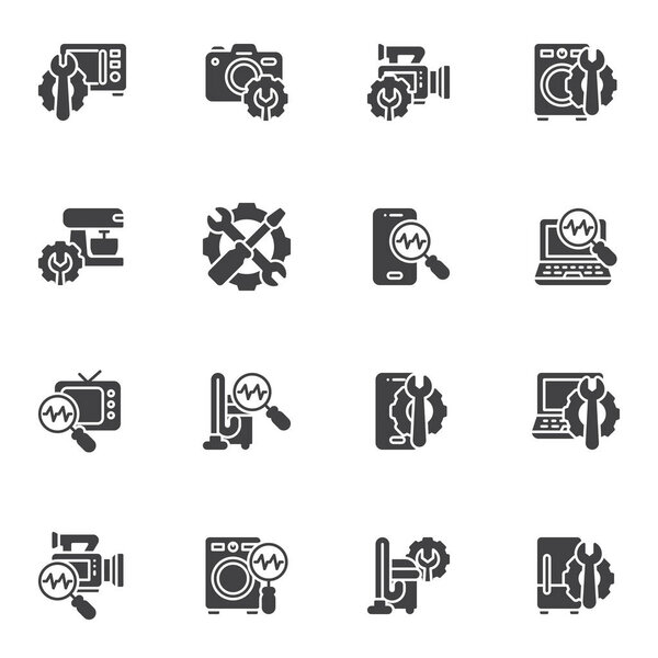 Appliance repair service vector icons set, modern solid symbol collection, filled style pictogram pack. Signs, logo illustration. Set includes icons as computer diagnostic, mobile technician service