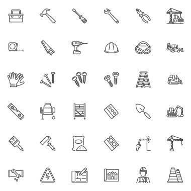 Tools and construction line icons set. linear style symbols collection, outline signs pack. Repair tools vector graphics. Set includes icons as construction worker, safety workwear, tool box, wrench clipart
