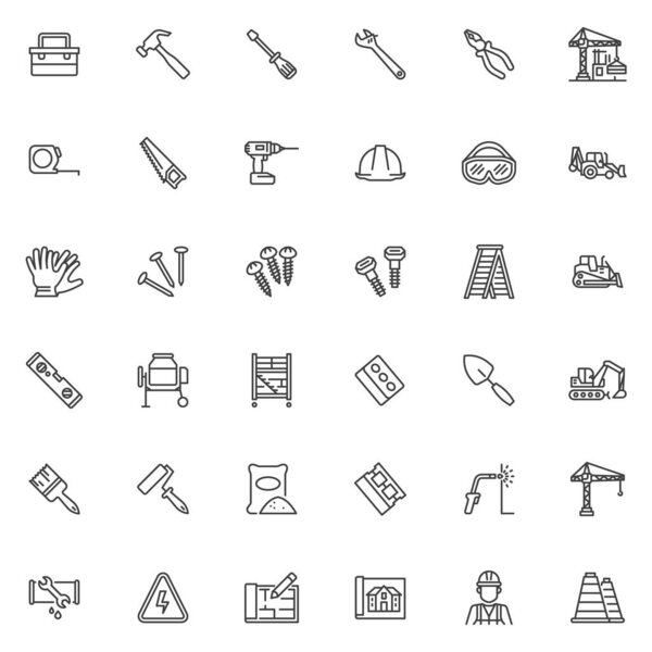 Tools and construction line icons set. linear style symbols collection, outline signs pack. Repair tools vector graphics. Set includes icons as construction worker, safety workwear, tool box, wrench
