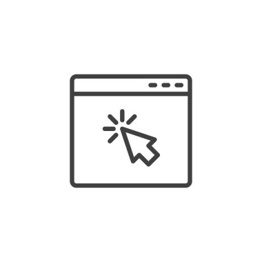 İmleç satırı simgesi olan bir web sayfası. Mobil konsept ve web tasarımı için doğrusal biçim işareti. Web sitesi ve ok tıklama vektör simgesi. Tarayıcı sembolü, logo çizimi. Vektör grafikleri