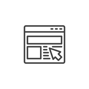 Web sitesi imleç ok çizgisi simgesi. Mobil konsept ve web tasarımı için doğrusal biçim işareti. Web sayfası ana vektör simgesine tıklayın. Sembol, logo çizimi. Vektör grafikleri