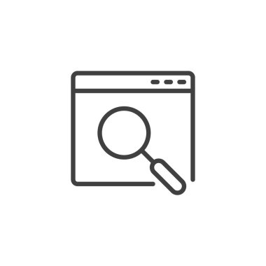 Web arama hattı simgesi. Mobil konsept ve web tasarımı için doğrusal biçim işareti. Web sitesi penceresi ve büyüteç ana hatlı vektör simgesi. Sembol, logo çizimi. Vektör grafikleri