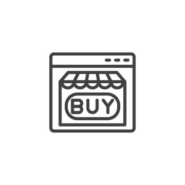 İnternet üzerinden alışveriş sitesi simgesi. Mobil konsept ve web tasarımı için doğrusal biçim işareti. Çevrimiçi web sayfası ana hatlı vektör simgesi al. Sembol, logo çizimi. Vektör grafikleri