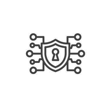 Siber güvenlik kalkan hattı ikonu. Mobil konsept ve web tasarımı için veri koruması doğrusal tabela. Özel ağ bağlantı ana hatları vektör simgesi. Sembol, logo çizimi. Vektör grafikleri